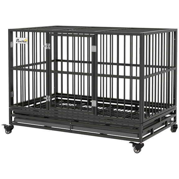48" Heavy Duty Dog Crate with Wheels, Lockable Double Door & Removable Tray, Gray Metal Kennel