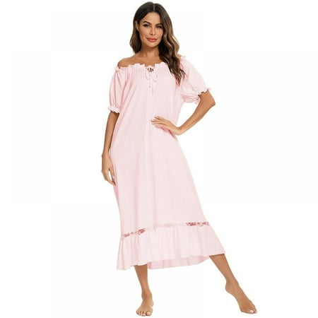 

BIG PROMOTION!! Women s Victorian Nightgown Ruffled Lace Sleepwear Full Length Loungewear Short Sleeve Nightdress Vintage Loose Pajama