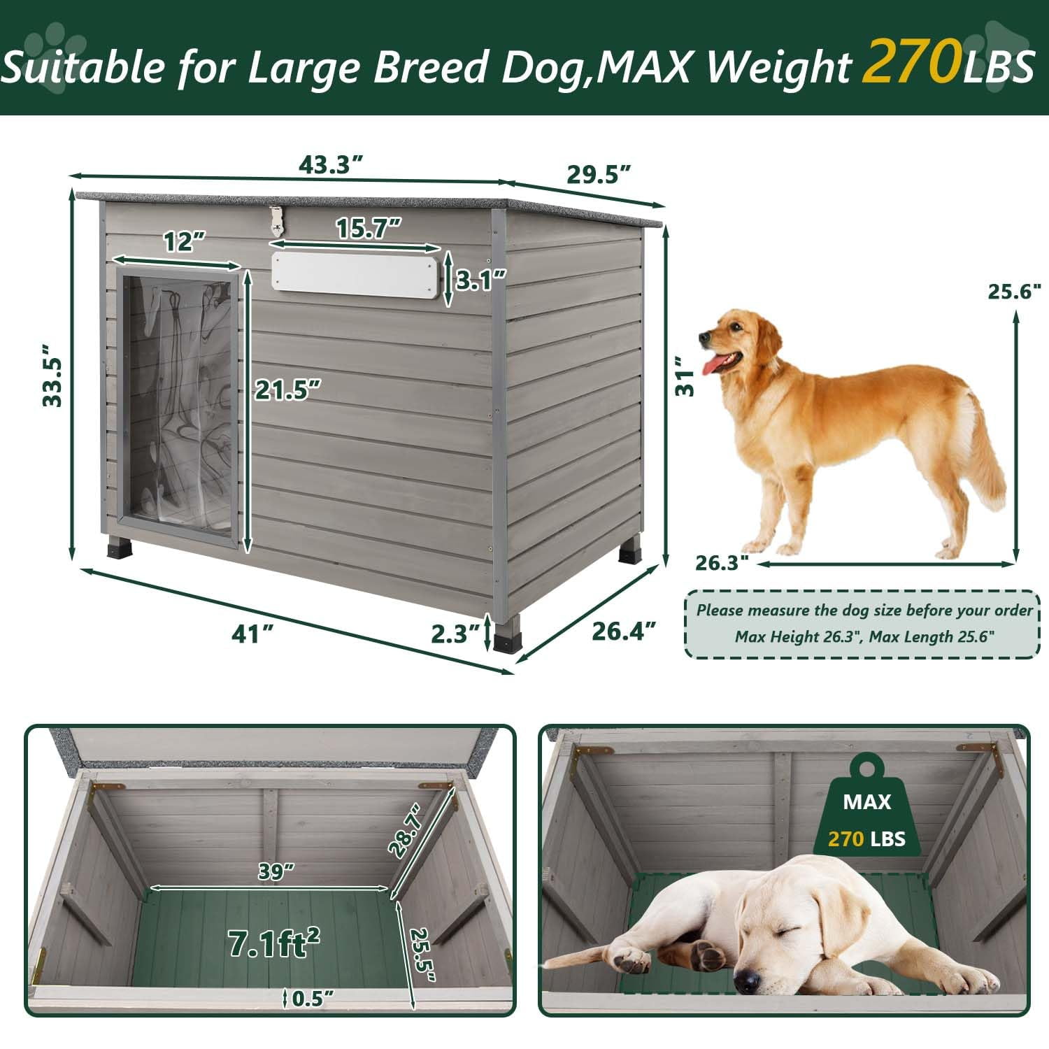 PETSCOSSET Outdoor Dog House - Waterproof Roof and Raised Feet - Gray