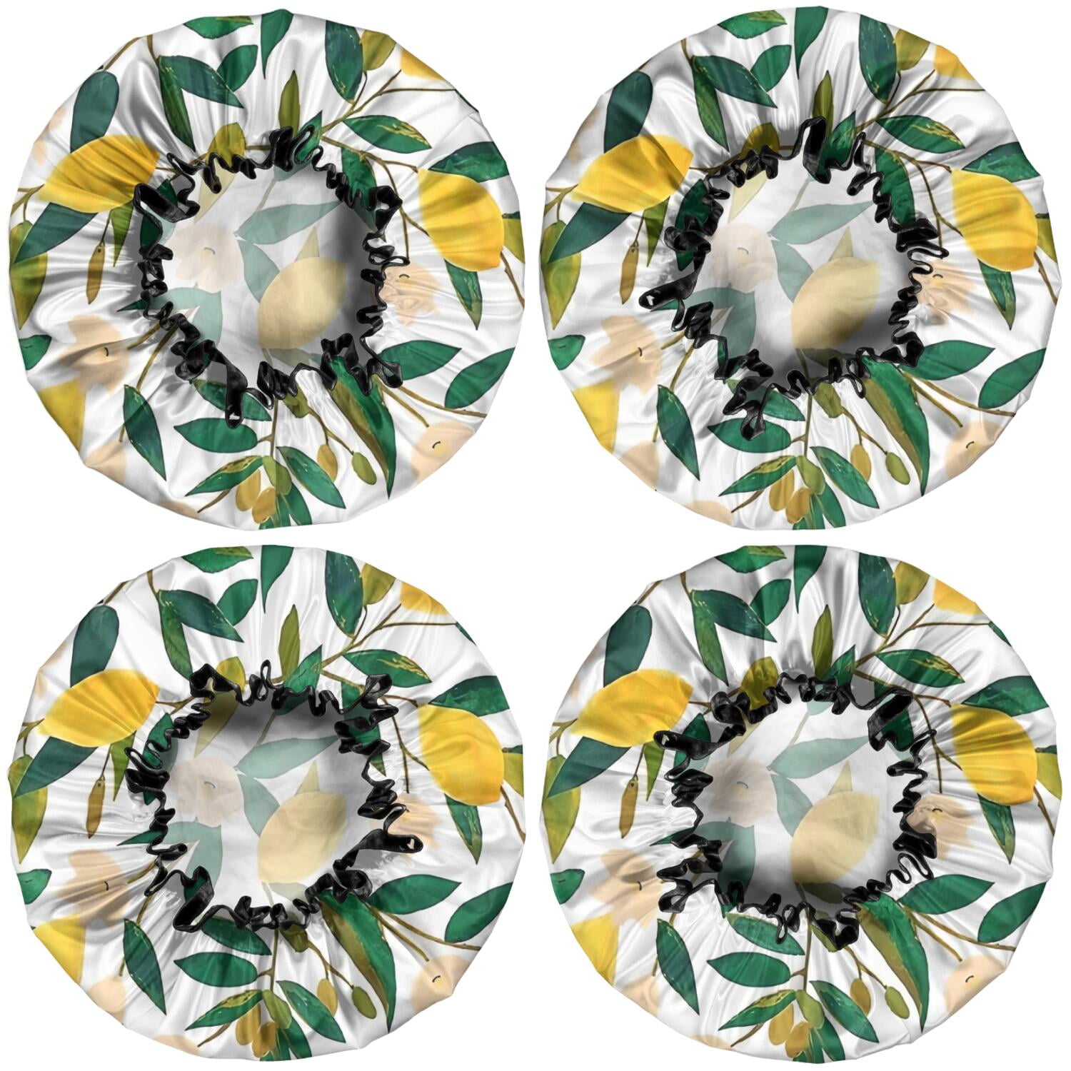 Shower Caps,Yellow Lemon Fruit Flowers White Pattern Waterproof Shower Cap for Women 4 Pieces,Double Reusable Hair Cover for Shower PEVA Elastic Stretch Hem