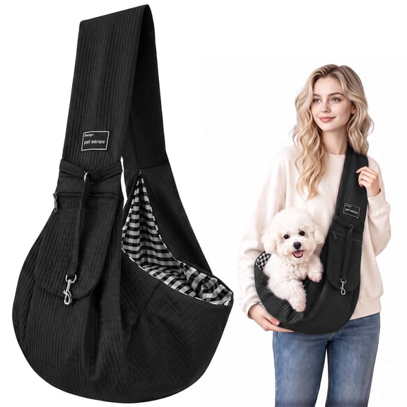 Dog and Cats Carrier Sling, Small Pet Carrier with Storage Pocket | Reversible Puppy Sling Carrier, Safety Buckle, Storage bag, Machine Washable for Travel, Outdoor Activitie, Hand-Free, Black
