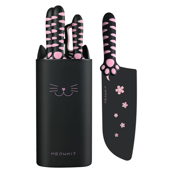 Juego de Cuchillos Meowkit de 5 Piezas con Bloque de Gato - Acero de Alto Carbono, Negro