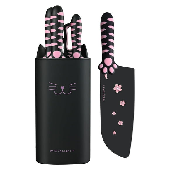 Juego de Cuchillos Meowkit de 5 Piezas con Bloque de Gato - Acero de Alto Carbono, Negro