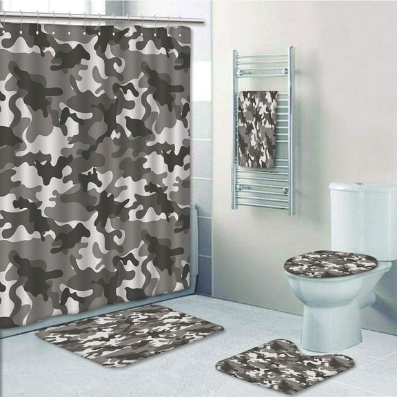 PRTAU Camouflage Monochrome Army Attire Camouflage inside Vegetation Military Equipment 5 Piece Bathroom Set Shower Curtain Bath Towel Bath Rug Contour Mat and Toilet Lid Cover