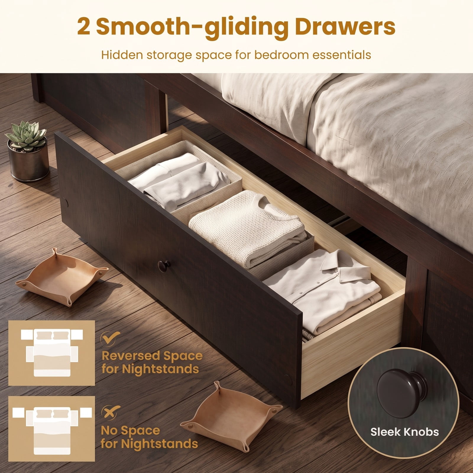 Furnibear Full Size Bed Frame with Storage, Wood Rattan Platform Bed with 2 Drawers and Woven Headboard and Footboard, Rustic Brown