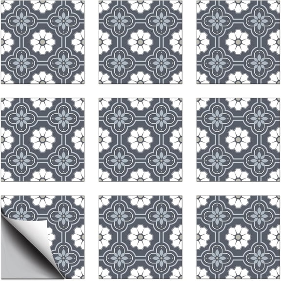 18pcs Bohemian Gray and Blue Geometric Flowers Tile Stickers Waterproof Tile Stickers Self Adhesive Peel and Stick for Kitchen Bathroom Bedroom Wall Floor Decoration Floral 6X 6inch