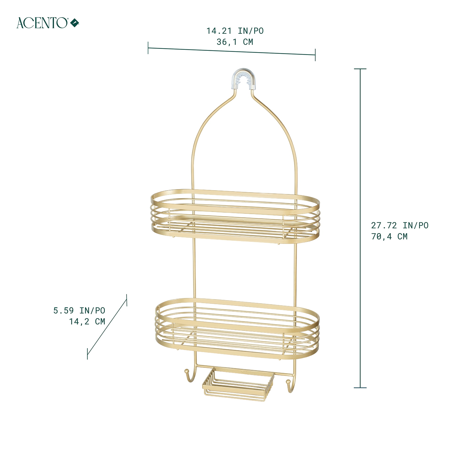 Acento 3-Tier Hanging Shower Caddy with Suction Cups, Non-Slip Neck, Bathroom Organizer, Gold