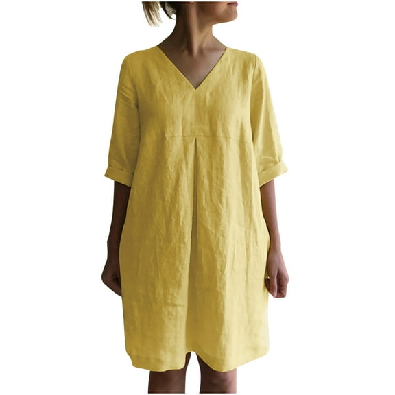BLVB Women's Summer Cotton Linen Short Dress 3/4 Sleeve Casual Comfy T Shirt Dress Loose Solid Color Dress Tops