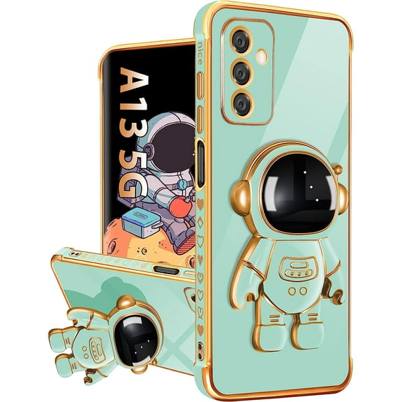 For Galaxy A13 5G Case with Astronaut Stand, Women Girls Samsung Galaxy A13 5G Cases, Girly Cute 6D Spaceman Heart Pattern Phone Cover for Samsung A13 5G Case 6.5 Inch Mint Green