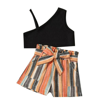 

Summer New Solid Color Short Top Bow Striped Shorts Fashion Girls Suit Outfits Sets Infant Baby Fashion Dailywear Child Clothing