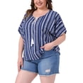 thumbnail image 4 of Agnes Orinda Women's Plus Size Summer Tops Boho Drawstring Tassel V Neck Short Sleeve Floral Printed Casual Blouses 3X Navy Blue, 4 of 6