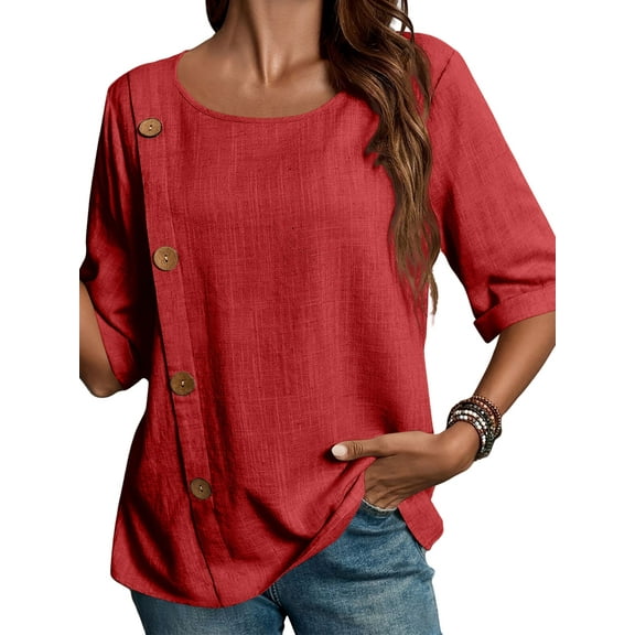 Women'S Round Neck Short Sleeve Cotton and Linen Button Fashion Casual Top Loose Formal Work T-Shirt Red L