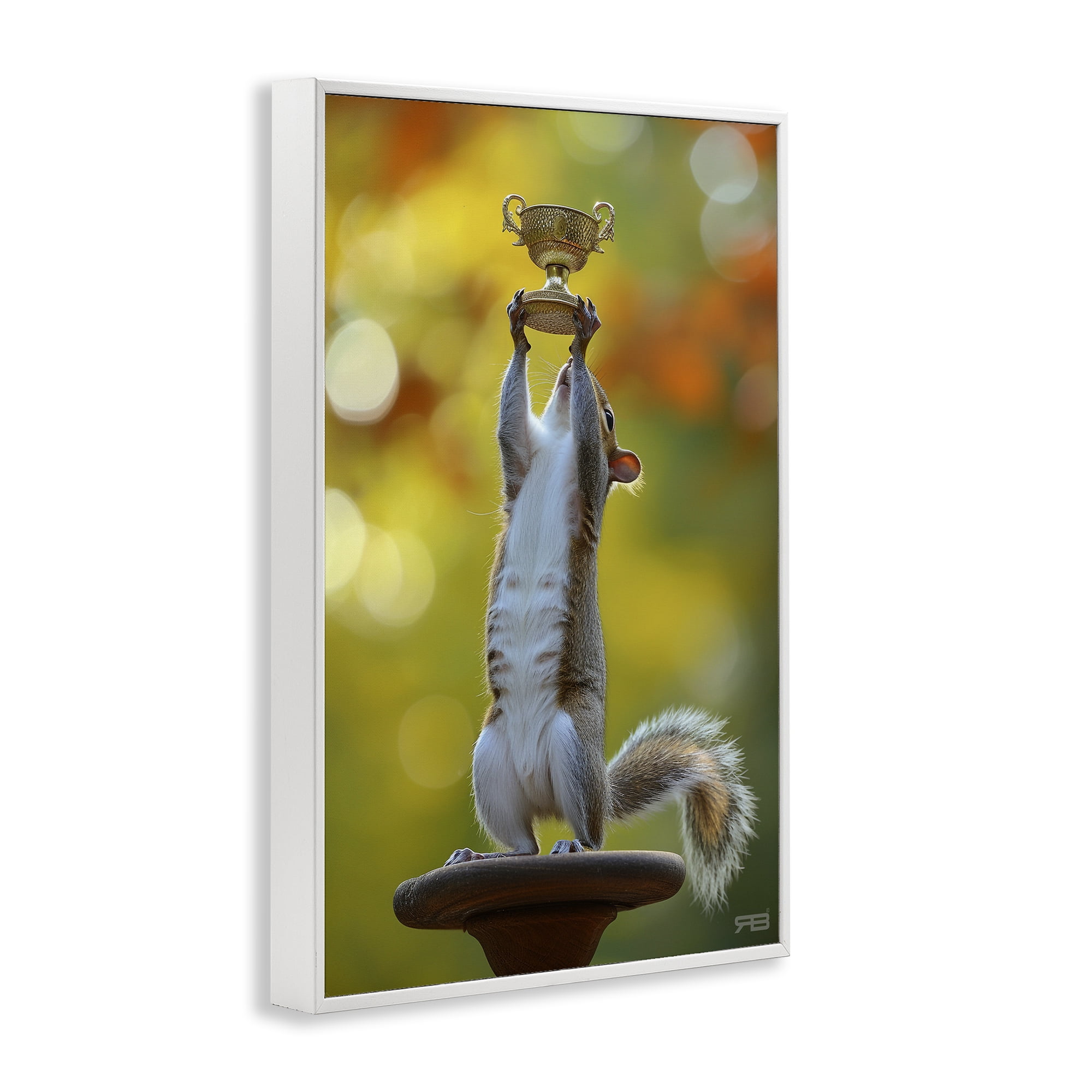 Stupell Industries Squirrel Holding Trophy Novelty Painting White Framed Art Print Wall Art, 16 x 24