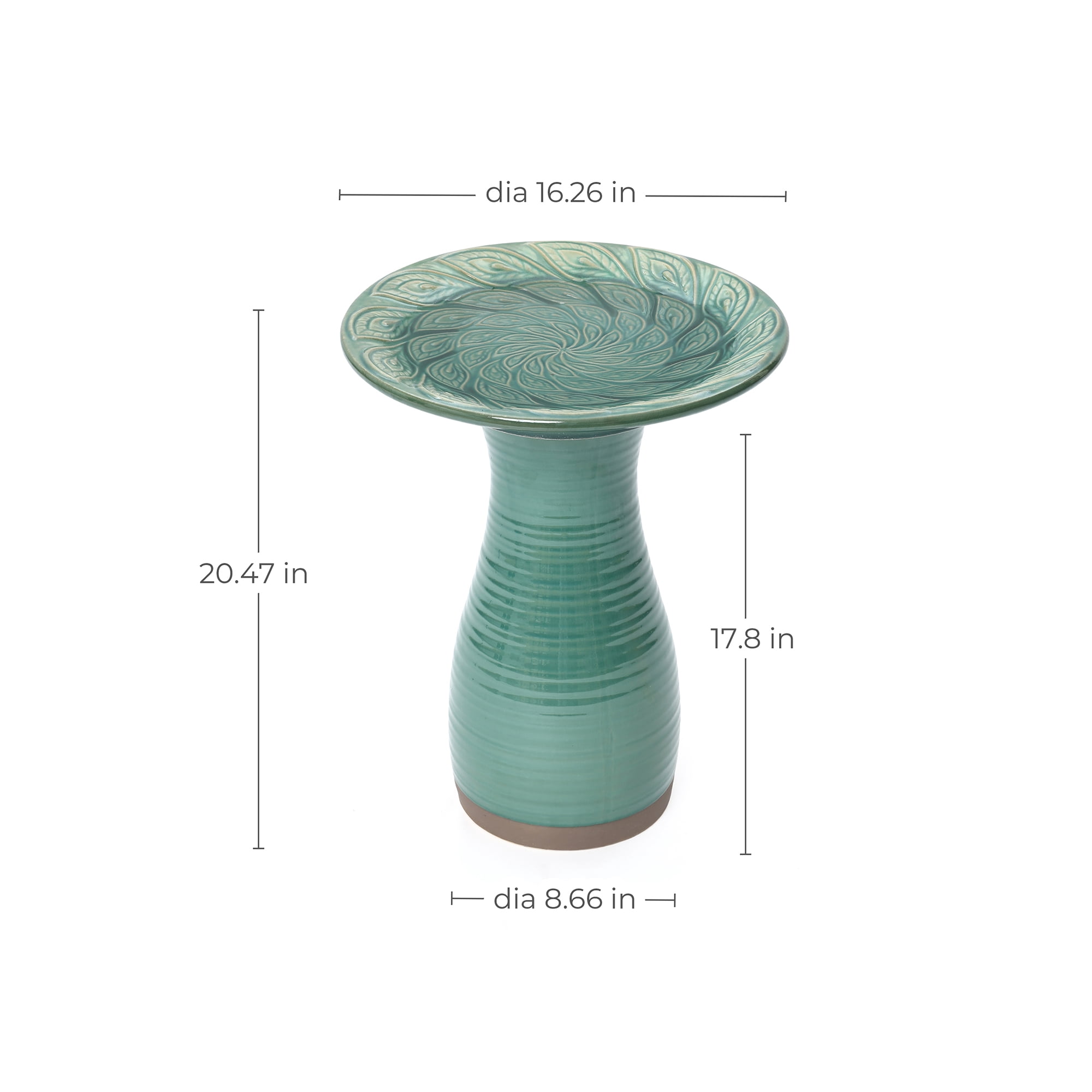 LuxenHome 20.5" Elegant Ceramic Bird Bath for Outside with Leaf Pattern, Jade Green