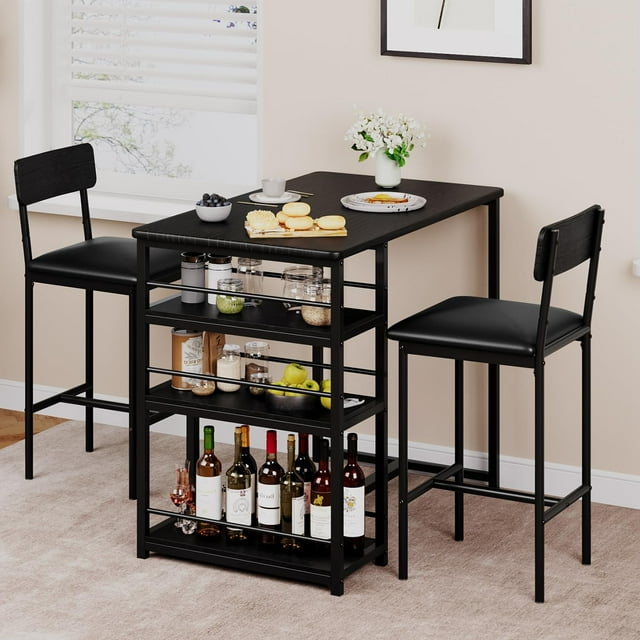 1+2 Set Dining Table,Kitchen Table with 2 UpholsteRed Bar Chairs,3 Large Storage Shelves,Kitchen Bar Table Set for Small Space,Apartment,Studio,Breakfast,Black