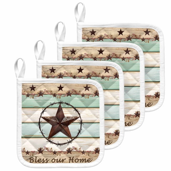 Western Texas Star Green Pot Holders for Kitchen Heatproof Potholder, 4 Pack Farmhouse Brown Country Vintage Hot Pads Multipurpose Oven Pads Cloth Potholders Trivet for Cooking and Baking
