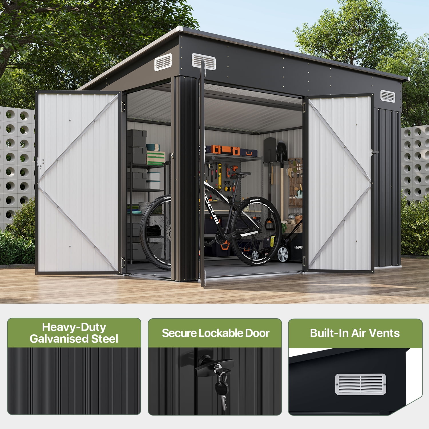 BaPiPro 10'x8' Lean-to Metal Storage Shed with Floor, Outdoor Lockable Shed with Triple Doors & Vents for Garden, Backyard, Patio - Black