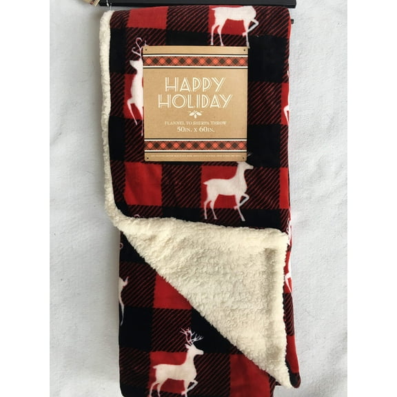 Christmas White Reindeer Over Black and Red Check Flannel to Sherpa Plush Blanket Throw