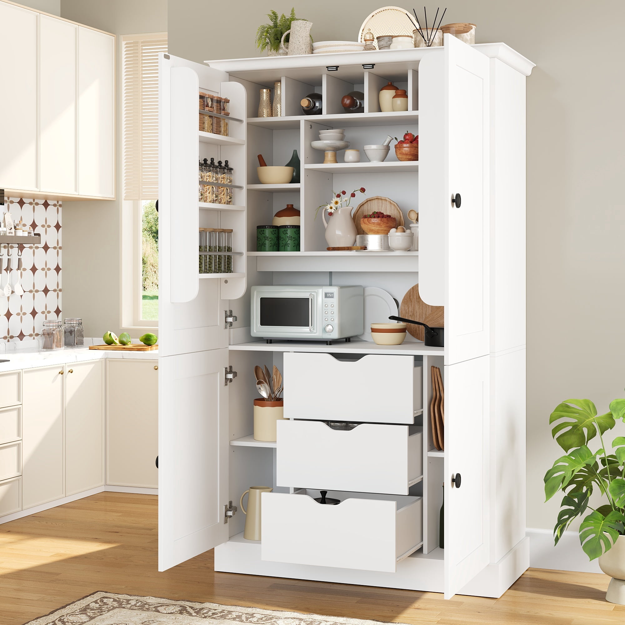 Euroco 70.9" Kitchen Pantry Cabinet with 3 Drawers, Farmhouse Tall Storage Cabinet with 6 Door Shelves, Removable Shelves and 6 Wine Racks,Freestanding Cupboard for Dining Room,White