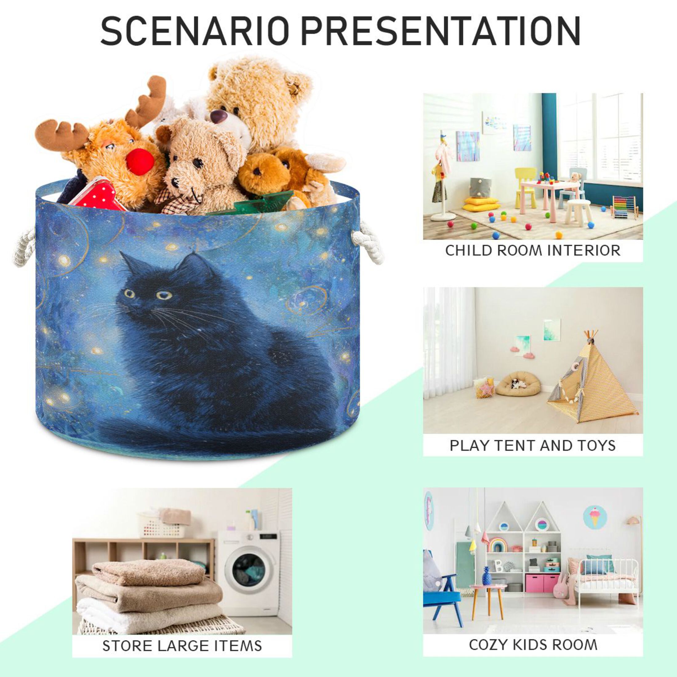 Round Toy Storage Basket Foldable Storage Basket for Home Decor Laundry Basket20" x 14" Dazed Black Cat