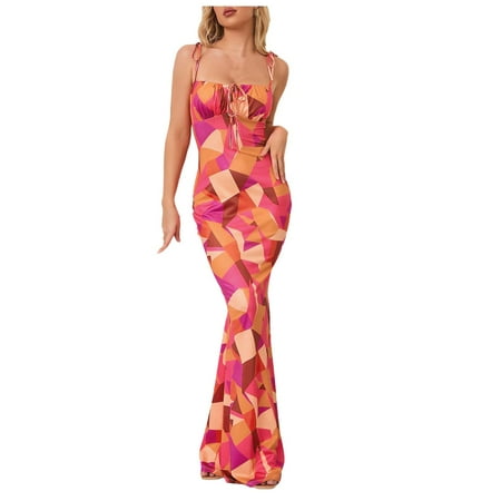QYZEU Women s Casual Dresses Womens Dress Wrap Dresses for Women Boho Beach Floral Print Crew Neck Sleeveless Thin Strap Dress Womens Date Dresses Hot Pink L