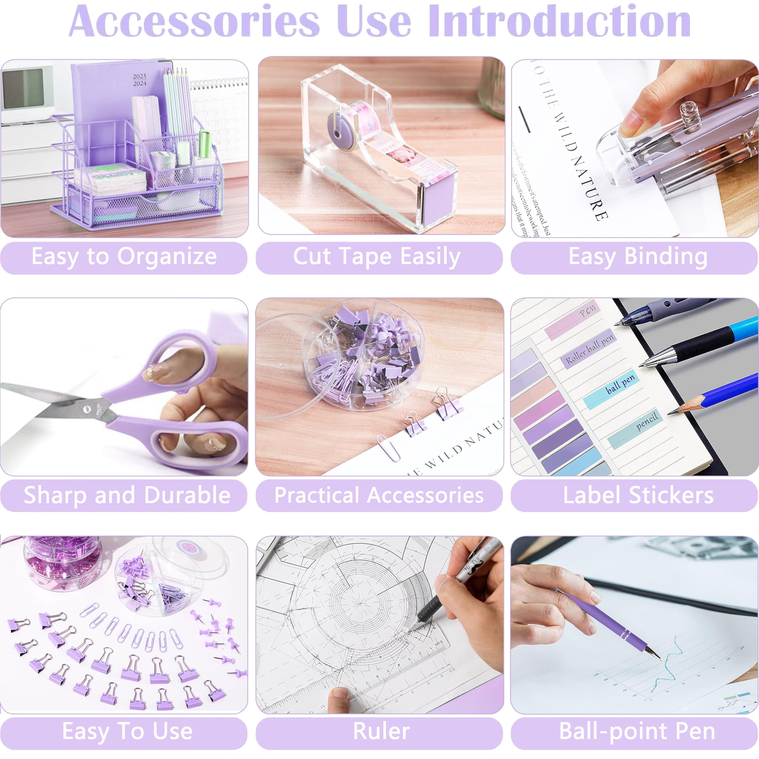 Purple Desk Organizers And Accessories  Office Supplies With Mesh Organizer Tape Dispenser Stapler Staples Ballpoint Pen Clips Set Ruler Scissor Sticky Labels