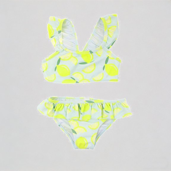 REDARER Toddler Girls' 2-Piece Swim Set – Lemon Print Sleeveless Top Ruffled Bottoms, Bright Summer Beach Bikini,6-7 Years