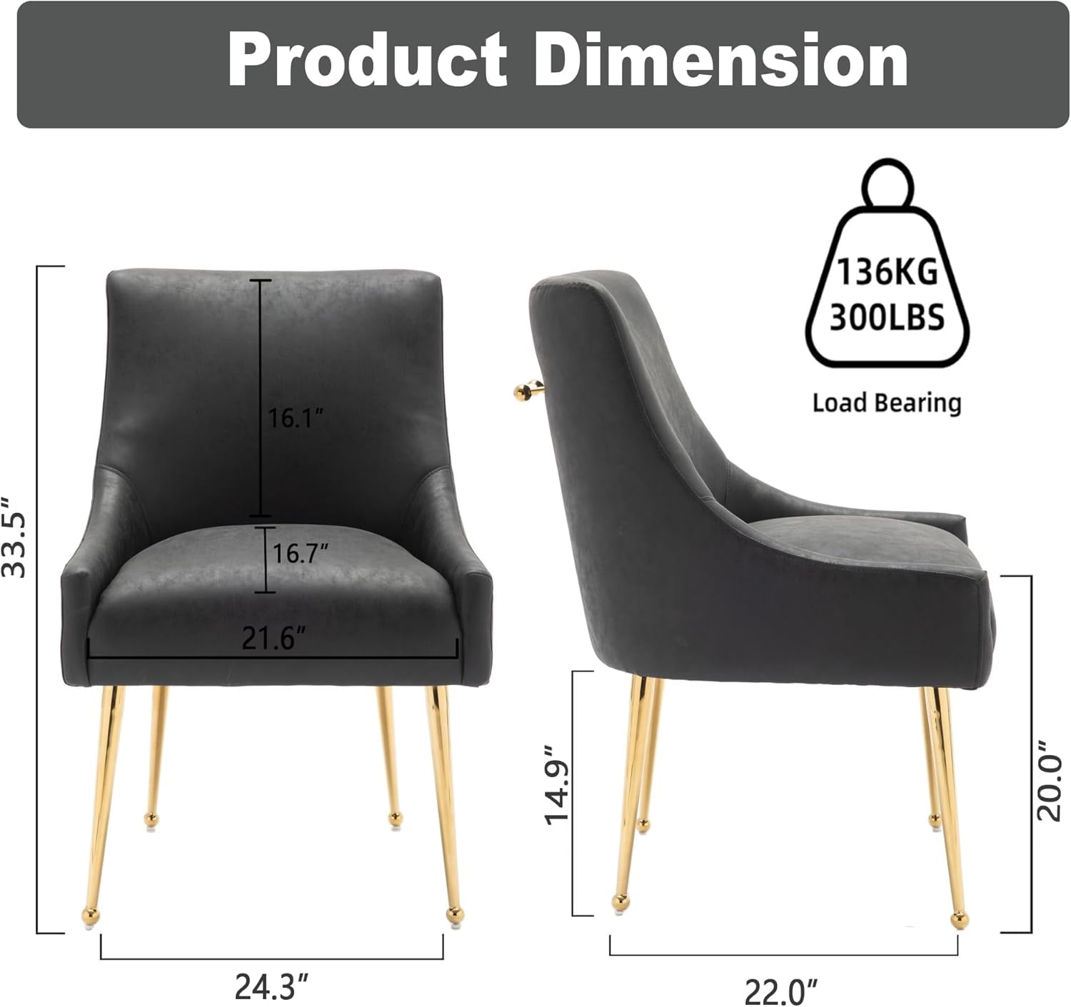 SEYNAR Modern Glam PU Leather Dining Chair or Vanity Chair Set of 2 with Rear Handle(Black)