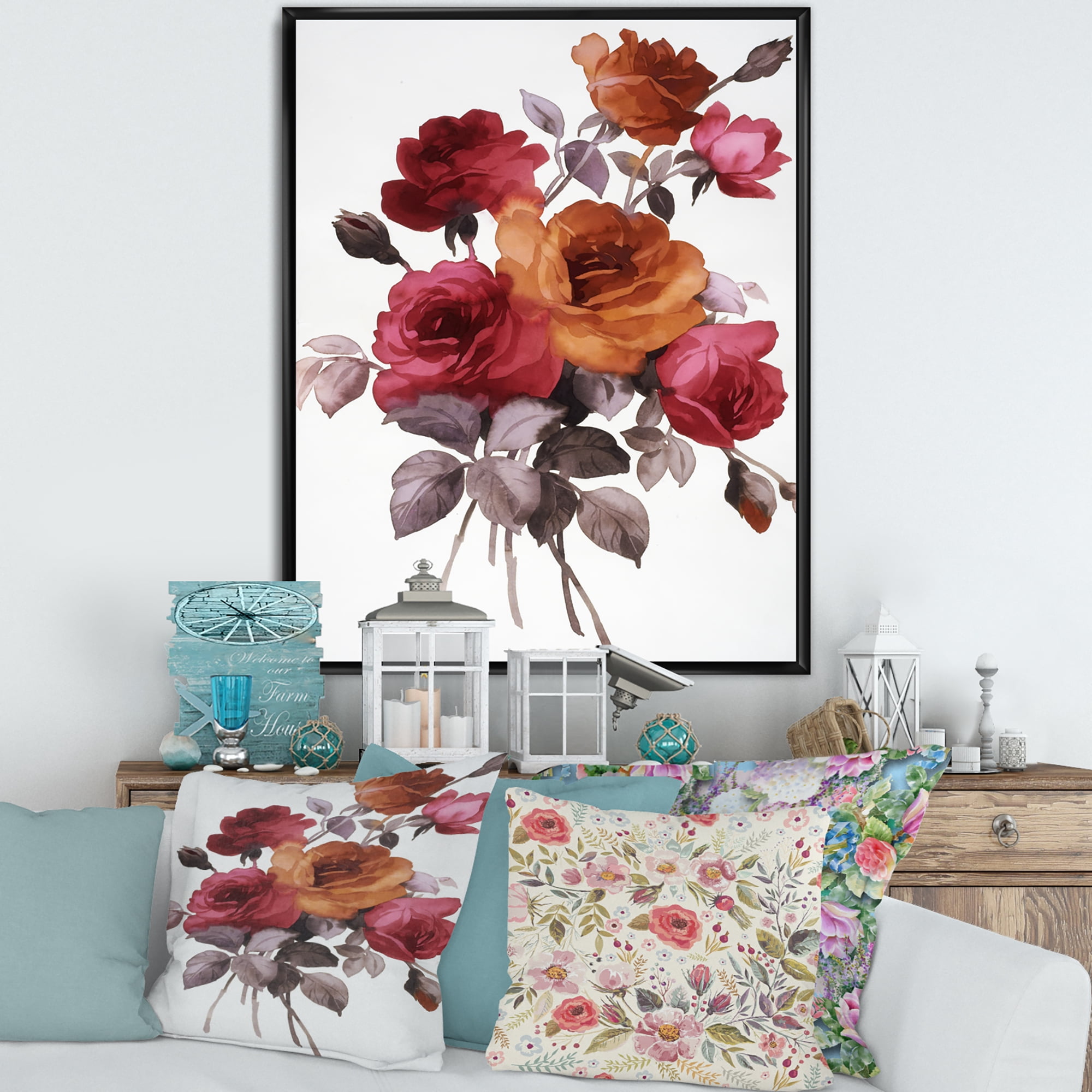Designart 'Vintage Red and Orange Roses' Traditional Framed Canvas Wall Art Print
