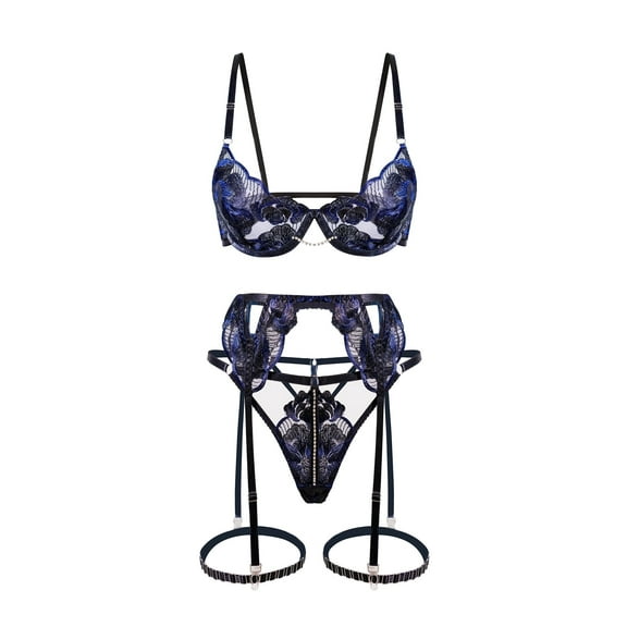 Black Luxurious Fancy Embroidered Sexy Lingerie Set (BLACK, S)