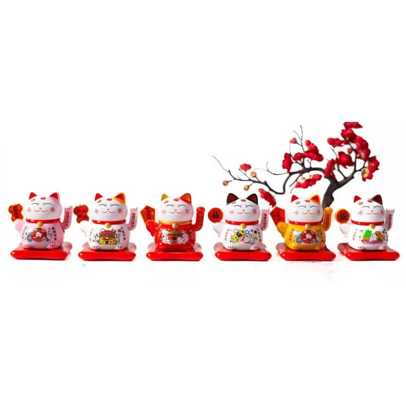Lucky Cat Solar Powered Waving Cat Maneki Neko Japanese Cat Statue Lucky Cat  Toy 3 inch , 5 Pack