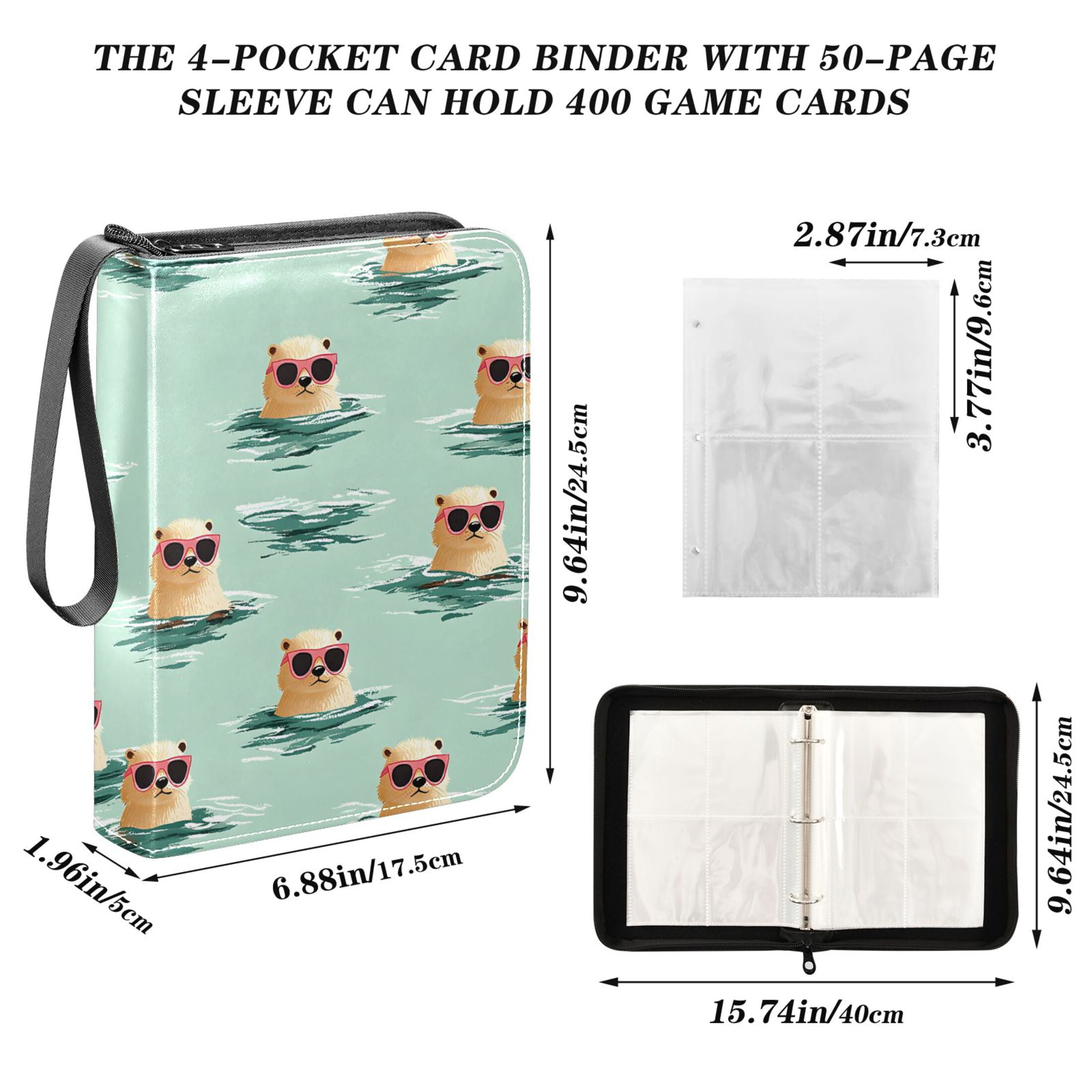 Trading Card Binder Album 400 Pockets 50 Removable 4-Pocket Pages Waterproof Otter with Sunglasses Swimming
