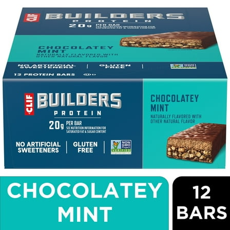 CLIF BUILDERS Protein Bars Chocolate Mint Flavor, Plant Protein, Gluten Free Bars, 12ct