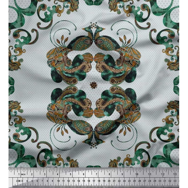 Soimoi Polyester Crepe Fabric Quatrefoil & Peacock Bird Print Fabric by The Yard 42 Inch Wide
