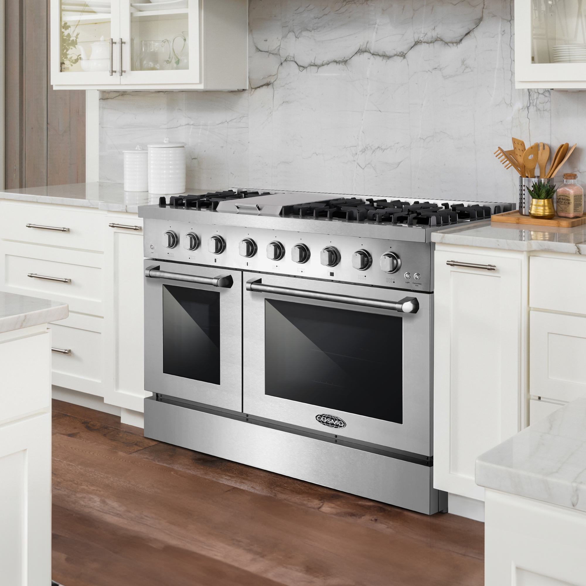 Cosmo 48 in. Lumin Collection 6.7 cu. ft. Double Oven Dual Fuel Range with 6 Sealed Burners, Rapid Convection, Stainless Steel