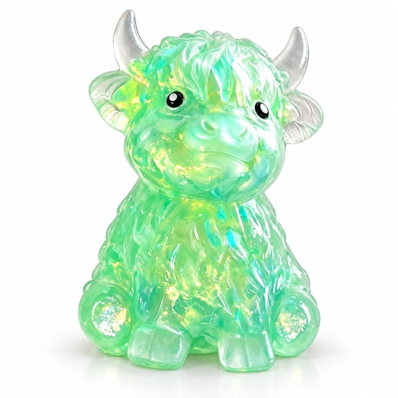 Highland Cow Squishy with Glitter Texture, 1 Pack, Green, for Relaxation, Sensory Squeeze Toy