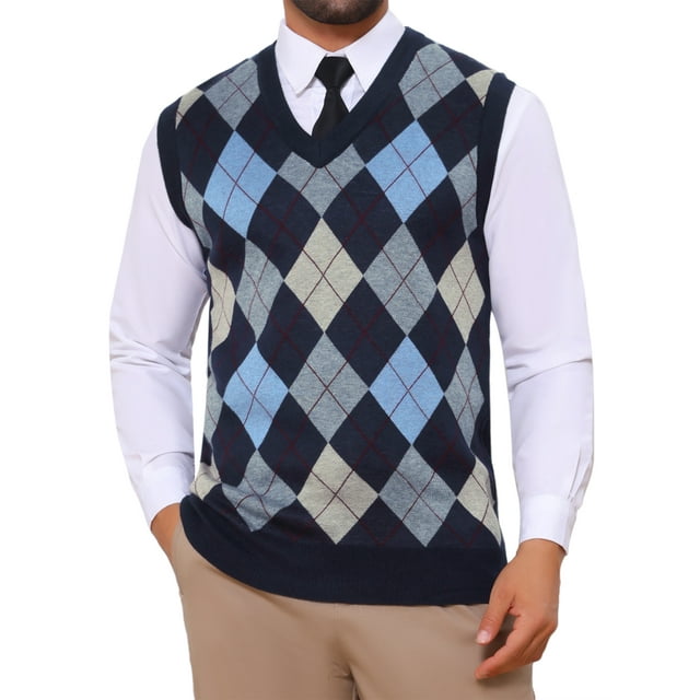 INSPIRE CHIC Chaleco de Suéter Sin Mangas de V-Neck a Cuadros Argyle para Hombre XL Azul Marino