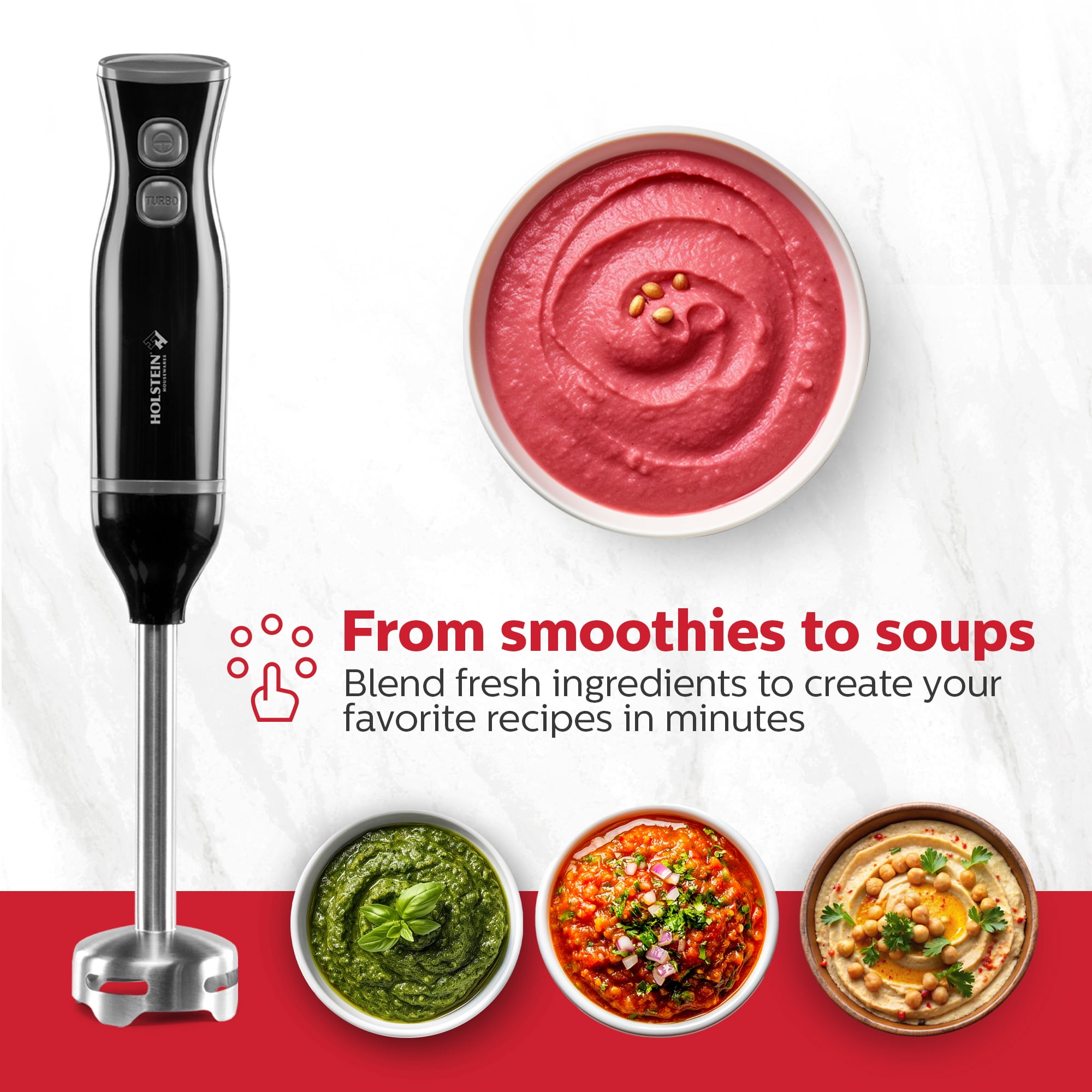 Holstein Housewares 2-Speed Hand Blender, Black – 150W Motor, Stainless Steel Blades, BPA-Free Measuring Cup Included