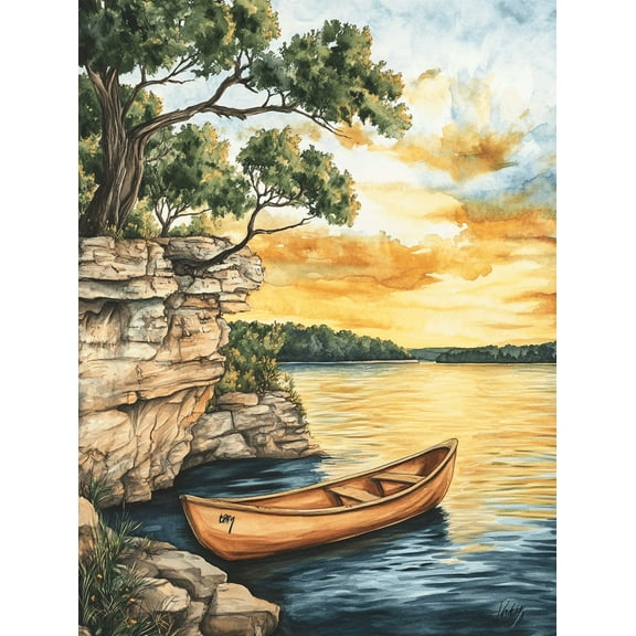 Canoe Sunset Lake Landscape Canvas Print/Wall Art， Suitable for Living Room， Bedroom， Office， Bathroom， and Dining Room Decoration.