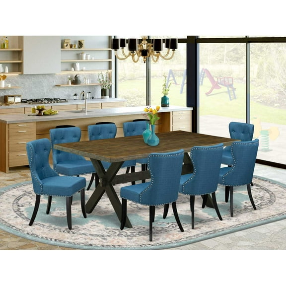 East West Furniture X677SI121-9 9-Pc Dining Room Set- 8 Dining Padded Chairs with Blue Linen Fabric Seat and Button Tufted Chair Back - Rectangular Table Top & Wooden Cross Legs - Distressed Jacobean