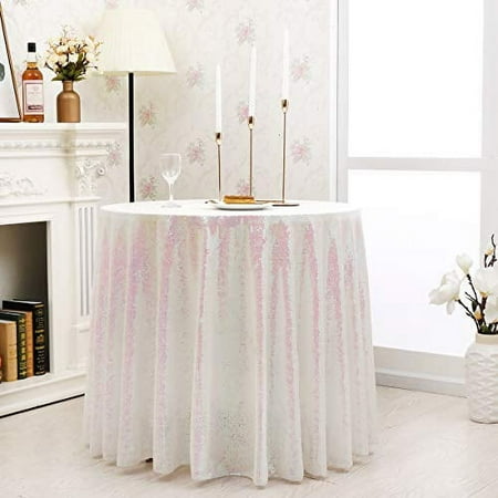 Kirsooku White Sequin Tablecloth Glitter Sparkly Iridescent Shimmer for Round Table Cloth 90 Inch Table Covers Decorations for Birthday Party Supplies Event Wedding Table Skirt Decor