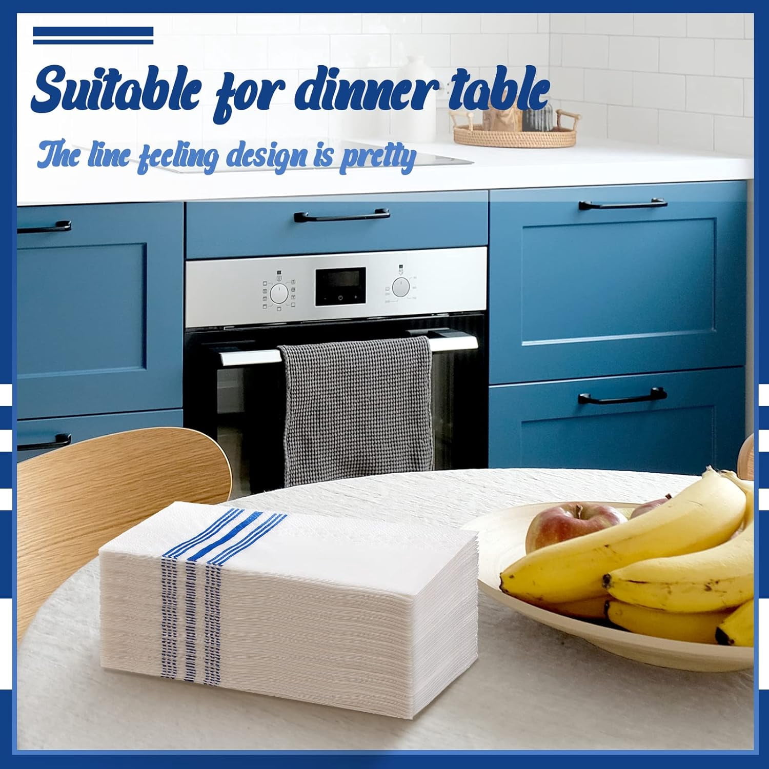 200 Pack Guest Napkins Disposable Paper Hand Towels Bathroom Decorative Napkins Linen Feel Soft Absorbent Bulk Dinner Paper Towels for Kitchen Event Wedding Christmas Party(Blue Stripe)