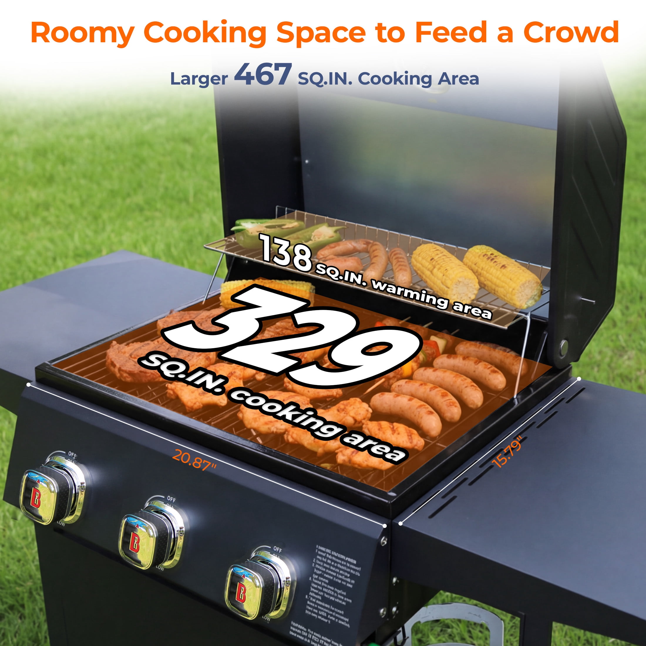 Flintex 3 Burner Propane Gas Grill, 27,000 BTU Outdoor BBQ Grill with Porcelain Coated Grates, Built-in Thermometer, Side Shelves& Wheels
