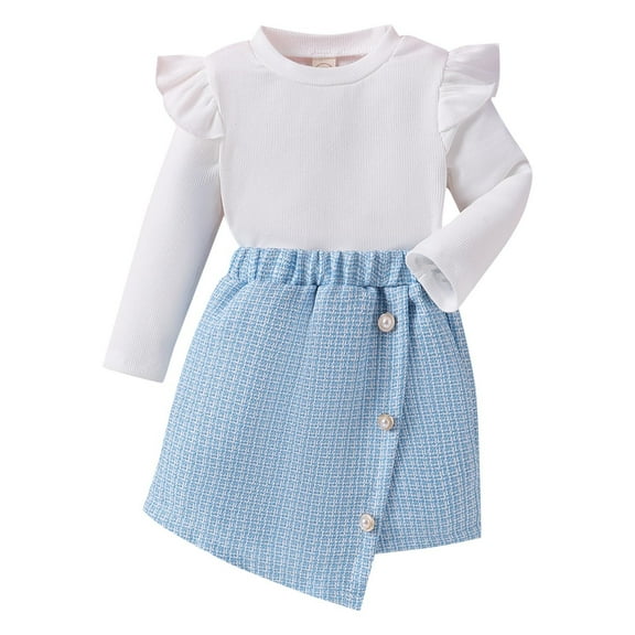 Otqutp Baby Fashion Clothes Set Toddler Girls Autumn/Winter Striped Fly Long Sleeve Ruffled Top and Plaid Printed Irregular Skirt Girl Fall Outfits