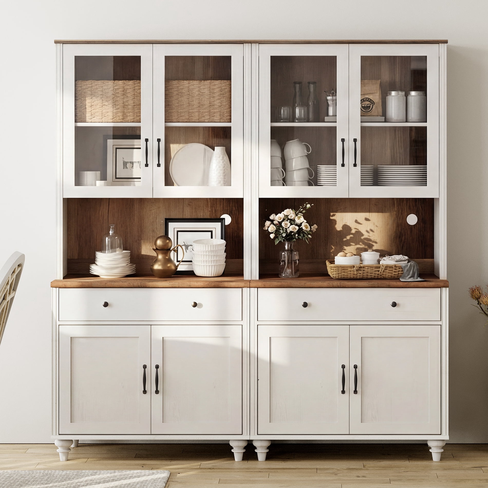 Sideboard Buffet Cabinet with Storage, Large Bookcase, Farmhouse Bookshelf with Ample Storage Cabinet, Library Wooden Bookshelves for Living Room, Office, Kitchen, White, 72" H