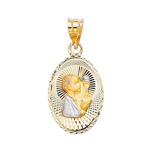 14K 3C Gold Diamond cut communion Stamp Religious Pendant | Tri Color Gold Charm Pendant for Necklace Chain | Gift for Men Women | 21 x 14 MM | 1.3 grams