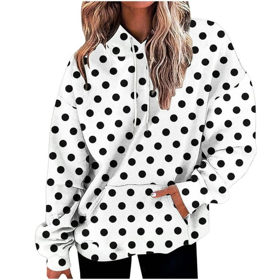 UAMVSH Hoodies for Women Trendy Polka Dot Hooded Sweatshirts with Pockets Casual Drawstring Pullover Oversized Long Sleeve Tops(X-Large,White)