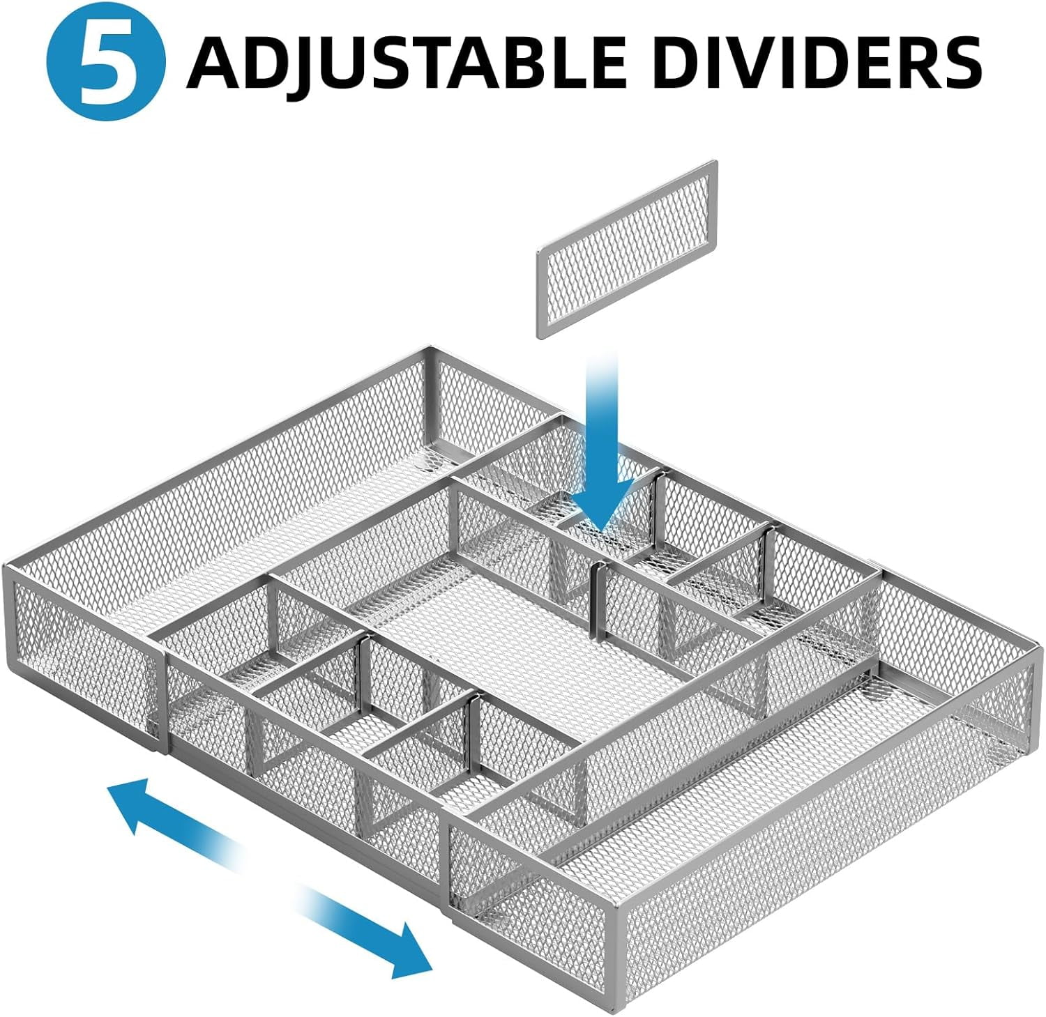 Expandable Desk Drawer Organizer, Mesh Tray with 10 Adjustable Compartments, Desk Organizers for Office Supplies, Makeup & Vanity (Expandable-Silver 2pack)