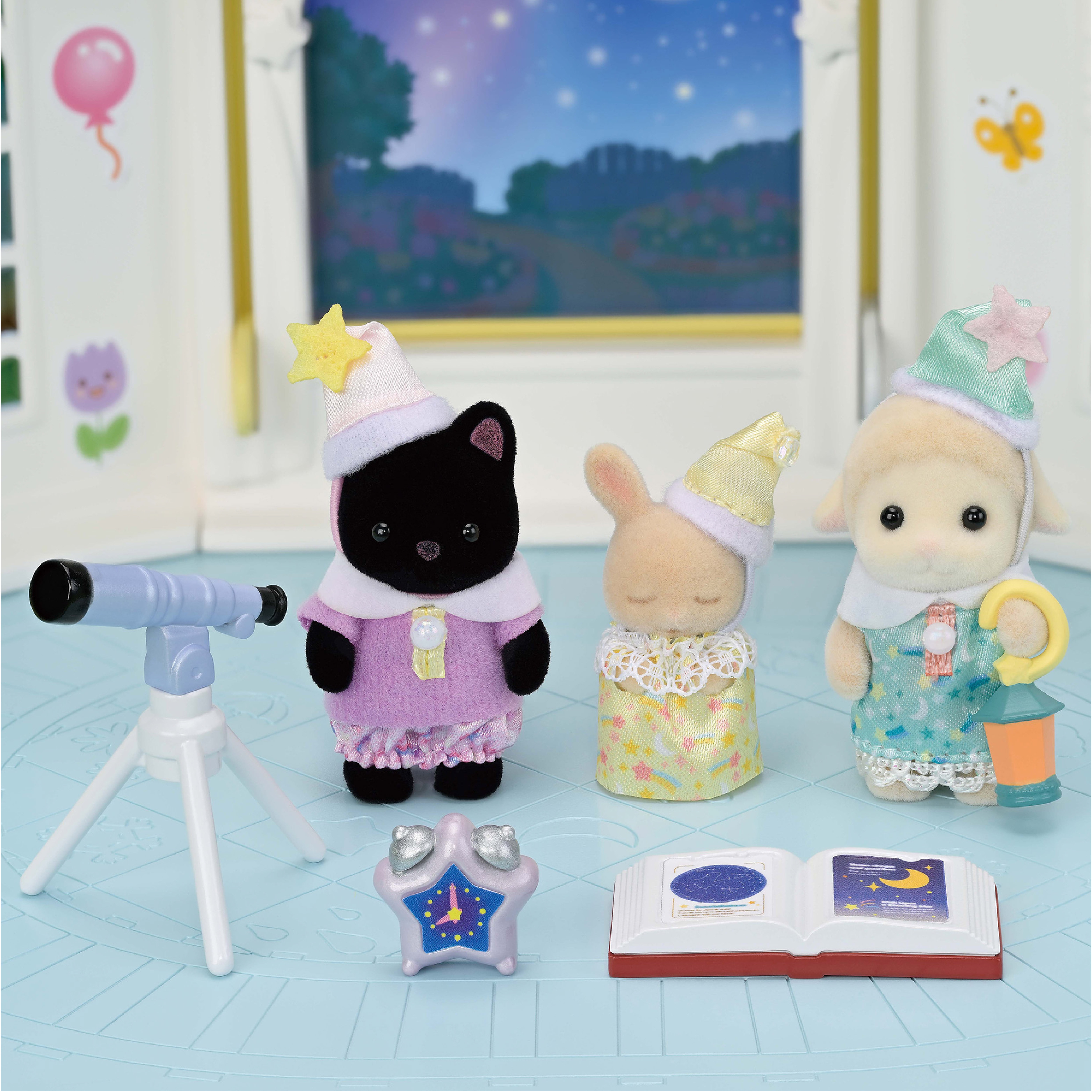 Calico Critters Nursery Friends Sleepover Party Trio, Set of 3 Collectible Doll Figures with Accessories