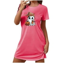 Sakmal Stretchy Moomoo Dresses for Women Cloud-Like Halloween Loose Pink Nightshirt Ghost Print Crew Neck Short Sleeve Short Nightgowns S-2XL
